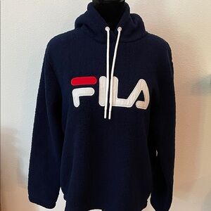 Fila Navy Blue Women’s Sherpa Hoodie with Red and White Logo